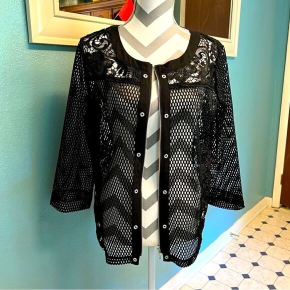 Multoples Black mesh zippered light weight jacket or cover up - Picture 1 of 5